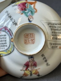A Chinese famille rose 'Wu Shuang Pu' bowl with cover, a saucer and four covers, Daoguang/Xianfeng