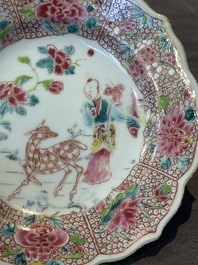Three Chinese famille rose flower-shaped 'He Xiangu' plates, Yongzheng