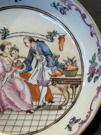 Three Chinese export famille rose 'European subject' cups and two saucers, Qianlong