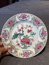 Six Chinese famille rose 'peacock and flowers' plates, Yongzheng