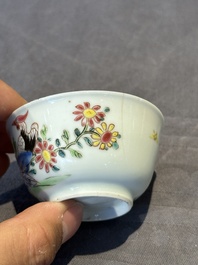 Two pairs of Chinese famille rose cups and saucers with pheasants and roosters, Yongzheng/Qianlong
