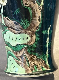 A Chinese famille verte black-ground vase and a pair of turquoise-glazed Buddhist lions, 19/20th C.