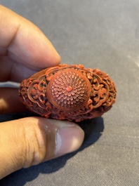 A Chinese carved turquoise snuff bottle and two red lacquer snuff bottles, Qianlong mark, 19/20th C.