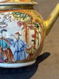 A Chinese Canton famille rose 'mandarin subject' covered teapot and a pair of saucers, Qianlong