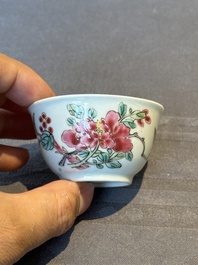 Five Chinese famille rose cups and saucers with horses, birds and flowers, Yongzheng/Qianlong