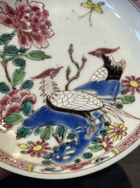 Two pairs of Chinese famille rose cups and saucers with pheasants and roosters, Yongzheng/Qianlong