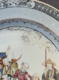 A Chinese rose-grisaille plate with Luohan, a dragon and a tiger, Yongzheng/Qianlong