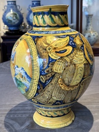 A large Italian maiolica drug jar with trophies, Casteldurante, 2nd half 16th C.