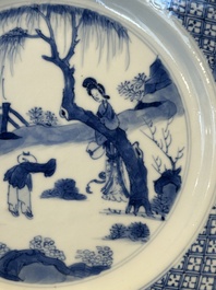 Three Chinese blue and white plates with figural design, Chenghua and Kangxi mark, Kangxi