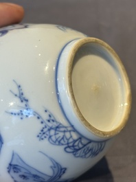 A Chinese blue and white tea caddy and cover with ladies playing music, Kangxi