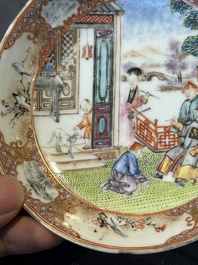Two Chinese Canton famille rose 'mandarin subject' plates and a saucer, Qianlong