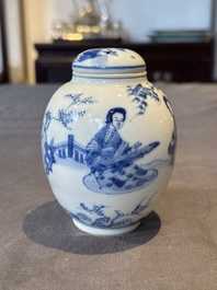 A Chinese blue and white tea caddy and cover with ladies playing music, Kangxi