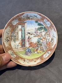 Two Chinese Canton famille rose 'mandarin subject' plates and a saucer, Qianlong