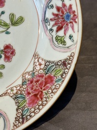 Six Chinese famille rose 'peacock and flowers' plates, Yongzheng