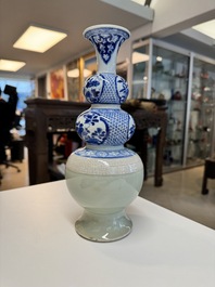 A rare Chinese blue and white, celadon-and-ge-glazed triple gourd vase, Kangxi