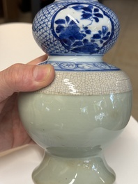 A rare Chinese blue and white, celadon-and-ge-glazed triple gourd vase, Kangxi
