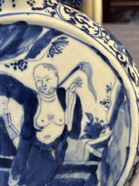 A pair of Chinese blue and white moonflasks or 'bianhu', Kangxi mark, 19th C.