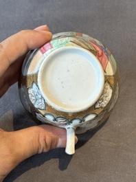 A Chinese Canton famille rose gilt-decorated cup and saucer and a famille verte tazza, 19th C.