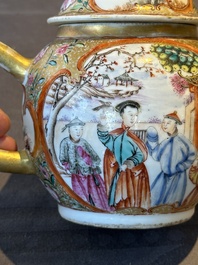 A Chinese Canton famille rose 'mandarin subject' covered teapot and a pair of saucers, Qianlong