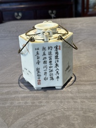 A hexagonal Chinese grisaille covered wine jug and warmer, signed Xinan Xushan 新安旭山, Guangxu mark, 19th C.
