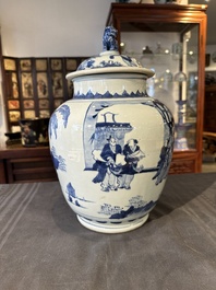 A Chinese blue and white 'Jia Guan Jin Jue 加官晉爵' vase and cover, Transitional period