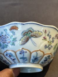 An exceptional Chinese gilt-decorated doucai and famille rose covered bowl with butterflies and floral design, Jiaqing mark and of the period