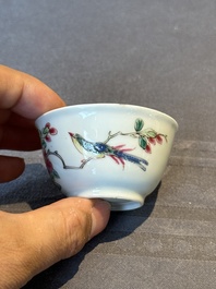 Five Chinese famille rose cups and saucers with horses, birds and flowers, Yongzheng/Qianlong