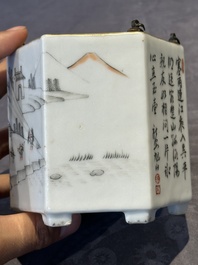 A hexagonal Chinese grisaille covered wine jug and warmer, signed Xinan Xushan 新安旭山, Guangxu mark, 19th C.