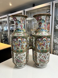 A pair of Chinese Canton famille rose vases with figures, flowers and insects, 19th C.
