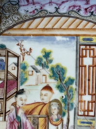 Two Chinese Canton famille rose 'mandarin subject' plates and a saucer, Qianlong