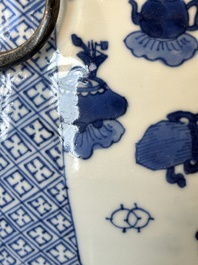 A fine Chinese blue and white 'landscape and antiquities' bowl with silver handles, Kangxi