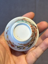 Five Chinese famille rose cups and saucers with horses, birds and flowers, Yongzheng/Qianlong
