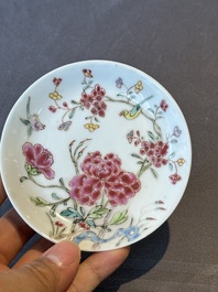 Five Chinese famille rose cups and saucers with horses, birds and flowers, Yongzheng/Qianlong
