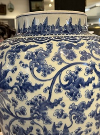 A large Chinese blue and white 'lotus scroll' vase and cover, Kangxi
