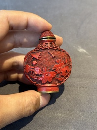 A Chinese carved turquoise snuff bottle and two red lacquer snuff bottles, Qianlong mark, 19/20th C.