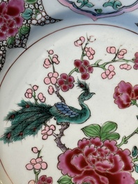 Six Chinese famille rose 'peacock and flowers' plates, Yongzheng