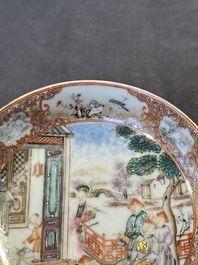Two Chinese Canton famille rose 'mandarin subject' plates and a saucer, Qianlong