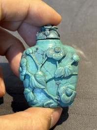 A Chinese carved turquoise snuff bottle and two red lacquer snuff bottles, Qianlong mark, 19/20th C.