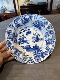 A Chinese blue and white 'hunting scene' 'klapmuts' bowl and a vase with a silver cover, Kangxi
