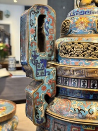 A pair of Chinese cloisonn&eacute; censers with covers and stands, 19/20th C.