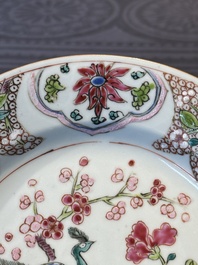 Six Chinese famille rose 'peacock and flowers' plates, Yongzheng