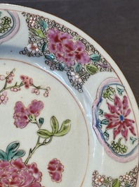 Six Chinese famille rose 'peacock and flowers' plates, Yongzheng
