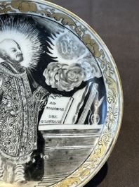 A rare Chinese grisaille and gilt cup and saucer with Ignatius of Loyola, Qianlong