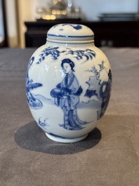 A Chinese blue and white tea caddy and cover with ladies playing music, Kangxi