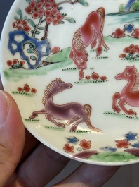 Five Chinese famille rose cups and saucers with horses, birds and flowers, Yongzheng/Qianlong