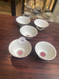 Five Chinese famille rose cups and six saucers with floral decor, Yongzheng/Qianlong