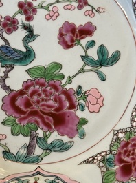 Six Chinese famille rose 'peacock and flowers' plates, Yongzheng