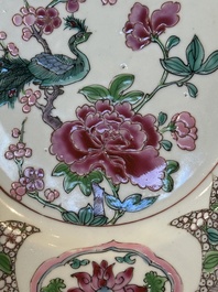 Six Chinese famille rose 'peacock and flowers' plates, Yongzheng