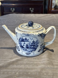 A Chinese blue and white teapot depicting the Whampoa Pagoda and the Pearl River, Qianlong