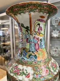 A pair of Chinese Canton famille rose vases with figures, flowers and insects, 19th C.